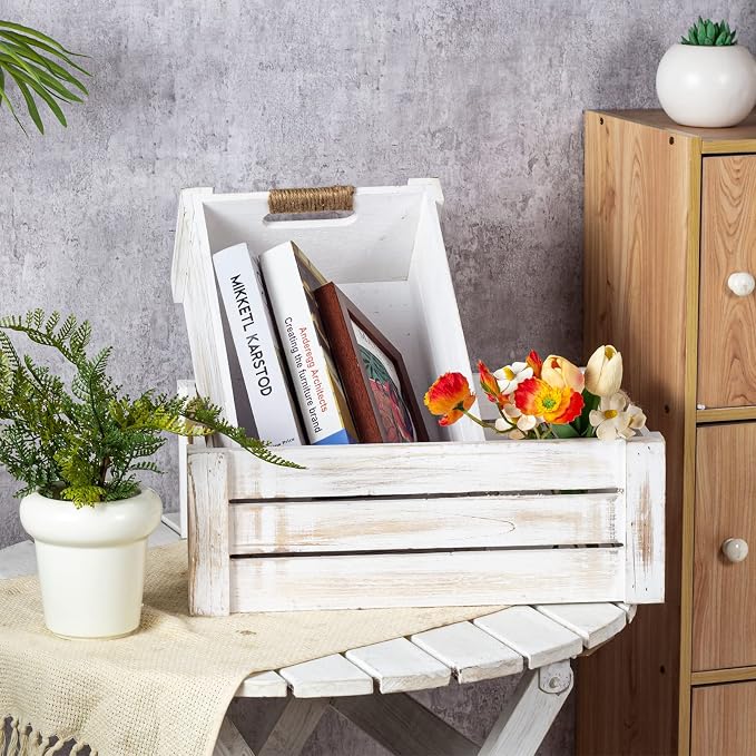 TIMRIS Set of 3 Rustic Wood Nesting Crates, Farmhouse Wooden Storage Container Boxes with Cutout Handles, Decorative Wooden Baskets for Display (Whitewash) - Image 5
