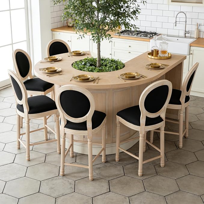 French Country Barstool, Linen Farmhouse Counter Height Chair | Set of 6, with Cushion Round Back and Solid Wood Legs, Oval Chairs for Restaurant, Bar, Kitchen, Café, Black - Image 2