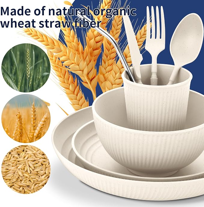 Wheat Straw Dinnerware Sets,64-Piece Beige Plates and Bowls Sets for 8-Unbreakable,Reusable Plastic Dish Set-Dinner Plate/Dessert Plate/Cereal Bowl/Cup/Utensils-Microwavable Dishwasher Safe 64P-Beige - Image 5