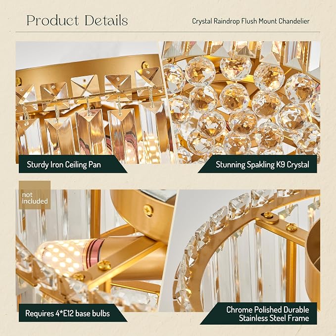 12.6" Gold K9 Crystal Raindrop Flush Mount Ceiling Light, Modern Chandelier, Round Luxury Light Fixture for Dining Room, Bedroom, Hallway, Kitchen Island & Living Room - Image 5