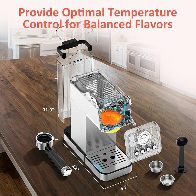 AYCHIRO 20 Bar Espresso Machine with Pressure Gauge, Compact Semi-Automatic Espresso Maker with Steam Wand, 1350W Fast Heating Coffee Machine with Removable 37oz Water Tank for Home Office - Image 7