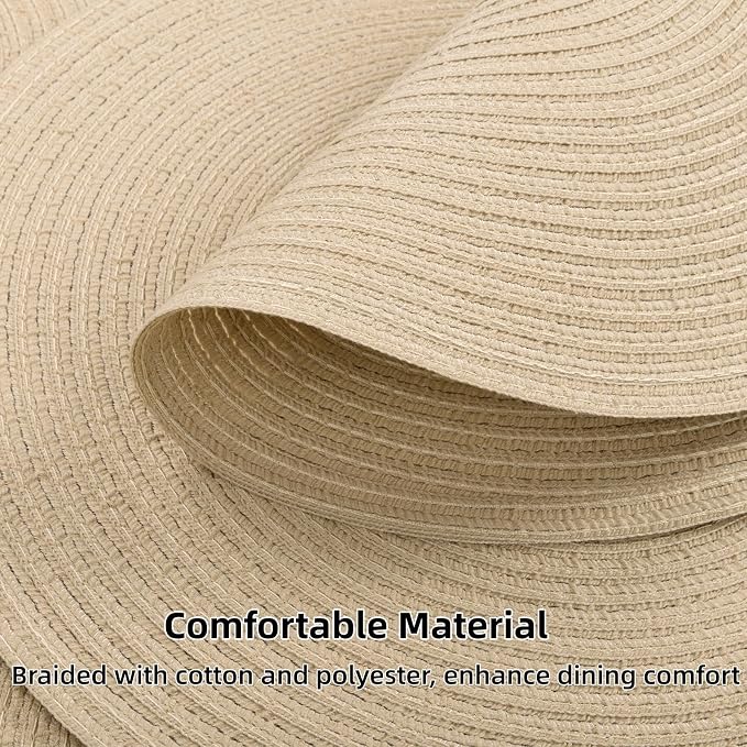 SHACOS 15 inch Round Braided Placemats Set of 6 Cotton Polyester Heat Resistant Table Mats Washable Place Mats for Dinner Party Table Decoration (Light Beige, 6) - Image 2