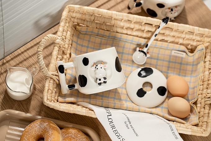 DIHOclub Adorable 3D Ceramic Cow Mug with Lid and Spoon - Perfect for Coffee, Tea, Milk, and More - Ideal Gift for Animal Lovers Gift for Mather- 14 Ounces(BLack white) - Image 3