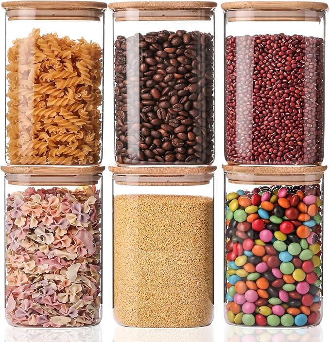 YUNCANG Glass Storage Jars 6 Pack 37oz Clear Glass Food Storage Containers with Airtight Bamboo Lid Stackable Kitchen Canisters for Candy,Cookie,Rice,Sugar,Flour,Pasta,Nuts and Spice Jars(Square) by YUNCANG