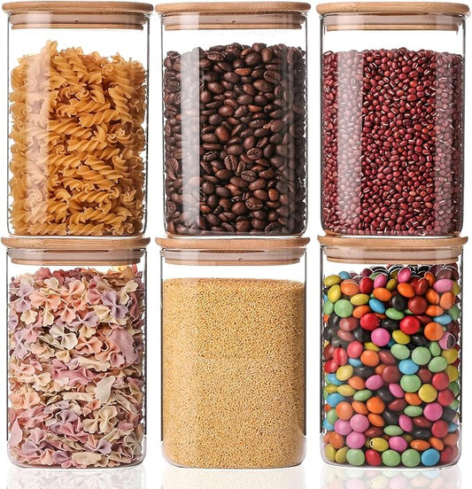YUNCANG Glass Storage Jars 6 Pack 37oz Clear Glass Food Storage Containers with Airtight Bamboo Lid Stackable Kitchen Canisters for Candy,Cookie,Rice,Sugar,Flour,Pasta,Nuts and Spice Jars(Square) by YUNCANG