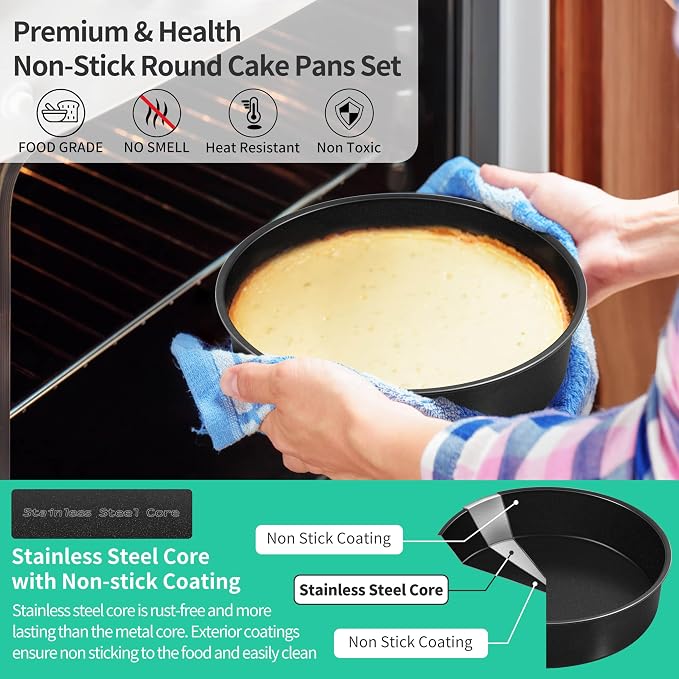 P&P CHEF 8 Inch Cake Pan Set, Non-stick Baking Pans for Cake, 2Pcs | Round Cake Baking Tins for Tier Smash Cakes, Bread, Non-Toxic & Solid, Stainless Steel Core & Leak-Proof, Black - Image 5