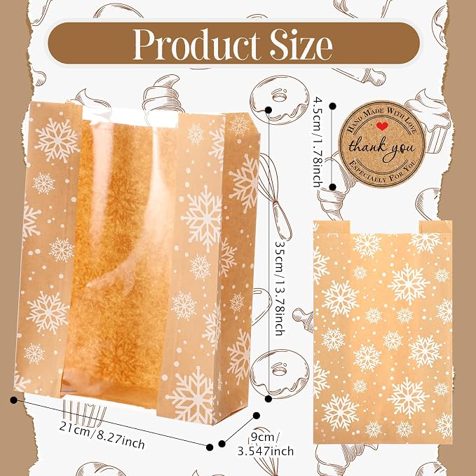 Feifeiya 100 Pack Kraft Paper Bread Bags for Homemade Sourdough Bread with Window & Stickers, 13.7x8.3 Large Bakery Bags for Loaves Greaseproof Food Packaging for Baking Gifts, Brown(Snowflake) - Image 3