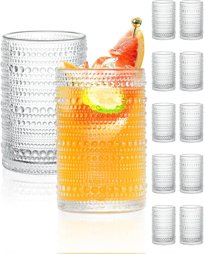 Large Capacity Glasses Drinking Set of 12, 15 oz Vintage Glassware Hobnail Glass Cups sets for Kitchen, Embossed Cocktail Glasses Set with Straws, for Beer, Juice, Cocktail, Whiskey, Milk by Unknown