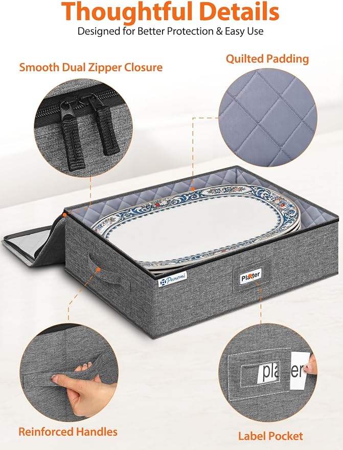 punemi Hard Shell China Platter Storage Containers for Moving, 2 Pack, Grey | Stackable Padded Cases with Felt Dividers, 17 x 13 x 6 in, for Serving Platters, Oval Plates, Trays and Holiday Dishes - Image 5