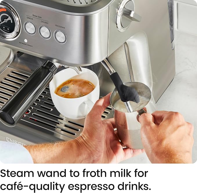 Chefman Crema Supreme 15 Bar Espresso Machine with Milk Frother, Barista Steam Wand, Professional Coffee Maker with Coffee Grinder, 30 Grind Settings, 3L Removable Water Tank - Stainless Steel - Image 6