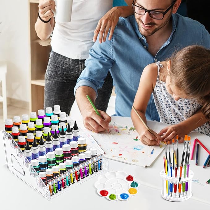 2 Pcs Clear Acrylic Paint Organizer Rack with Brush Holder, 7 Layer Acrylic Paint Tube Organizer, Snap-On Craft Organizers and Storage for Versatile Storage, No-Tools Setup & Quick Access (2 Set)