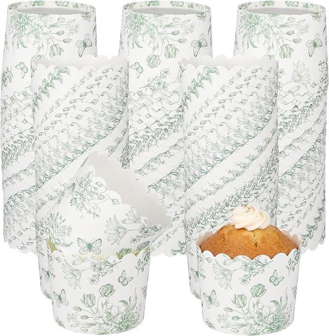 Qinyoung 150 Pcs Sage Green Floral Cupcake Wrappers Liners Chinoiserie Green Wildflower Paper Baking Cups Cupcake Disposable Cottagecore Muffin Cases for Wedding Baby Shower Birthday Tea Party Decor by Qinyoung
