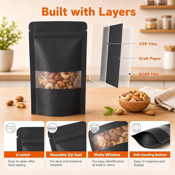 100 Pcs Black Kraft Paper Bags with Window, 4.7" x 7.9" Stand Up Pouches Bags, Food Storage Bags for Packaging Products, Reusable, Sealable - Image 3