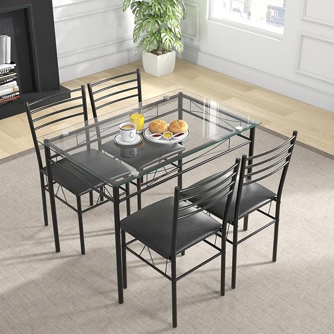 Giantex 5 Piece Dining Table Set, Kitchen Dining Set with Tempered Glass Table Top and 4 Upholstered Chairs, Dinette Set for 4 for Breakfast Nook Dining Room Kitchen (Black) - Image 2