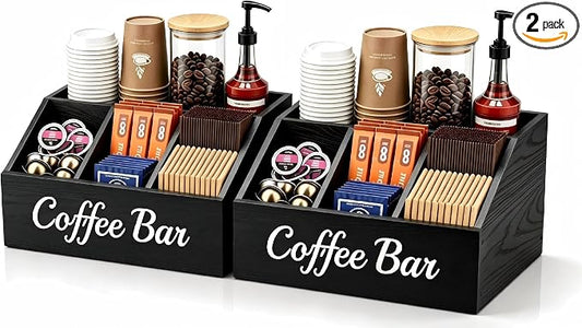 2 Pack Coffee Station Organizer for Countertop – Wooden Coffee Bar Organizer with Adjustable Dividers,Holds K Cup Pod & syrup bottles, for Kitchen, Office, or Bar and Tea Station, Black by Unknown
