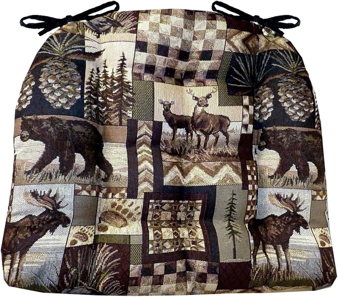 Barnett Home Decor Peters Cabin Dining Chair Pad with Ties - Size Medium 16.5 x 18 - Latex Foam Fill Cushion - Woodlands Rustic Lodge & Lake House Décor (Bear, Moose, Deer, Pine Cones, Waterfowl) by BarnettHomeDecor