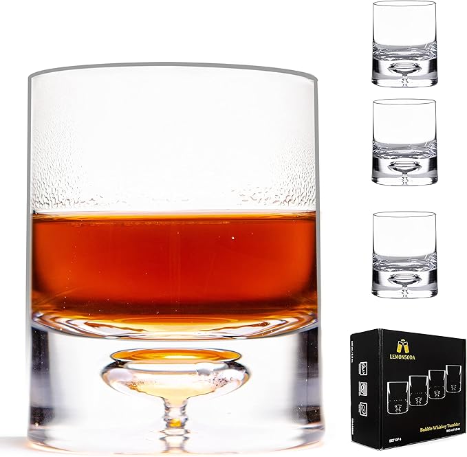 LEMONSODA Premium Crystal Bubble Base Whiskey Glass Tumbler - 9.5oz Set of 4 - Heavy Bottom Bubble Base - Great for Scotch Whiskey, Old Fashion, Manhattan, Bourbon, Cocktails