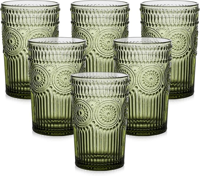 ZMOWIPDL Drinking Glasses Set of 6,13oz Flower Design Green Glass Cups | Vintage Glassware,Textured Tumblers,Embossed Striped Drinkware for Water,Cocktails,Juice,Iced Coffee by ZMOWIPDL