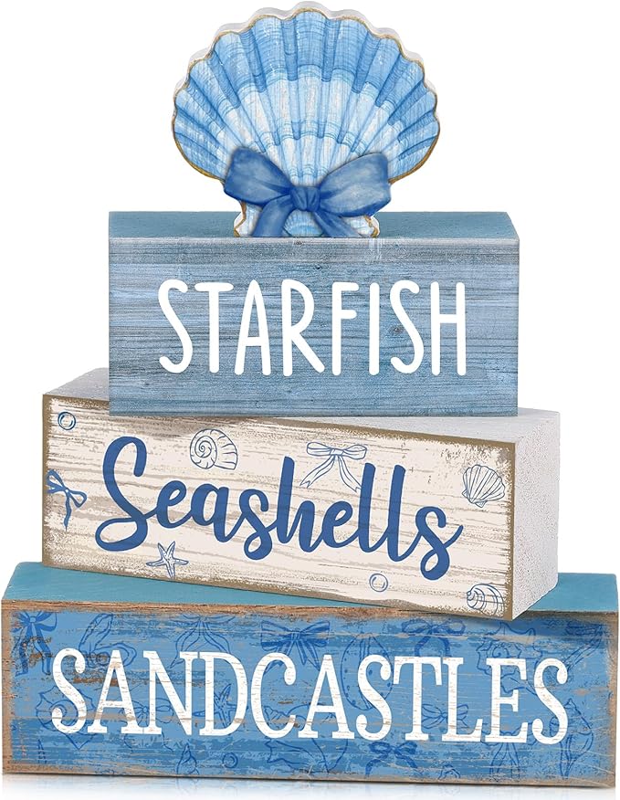 Moucuny 4 Pcs Nautical Beach Decor Shell Tiered Tray Decoration Blue Bow Table Centerpieces Summer Rustic Decorative Block Signs Gift Farmhouse Table Sign for Home Kitchen Shelf by Moucuny