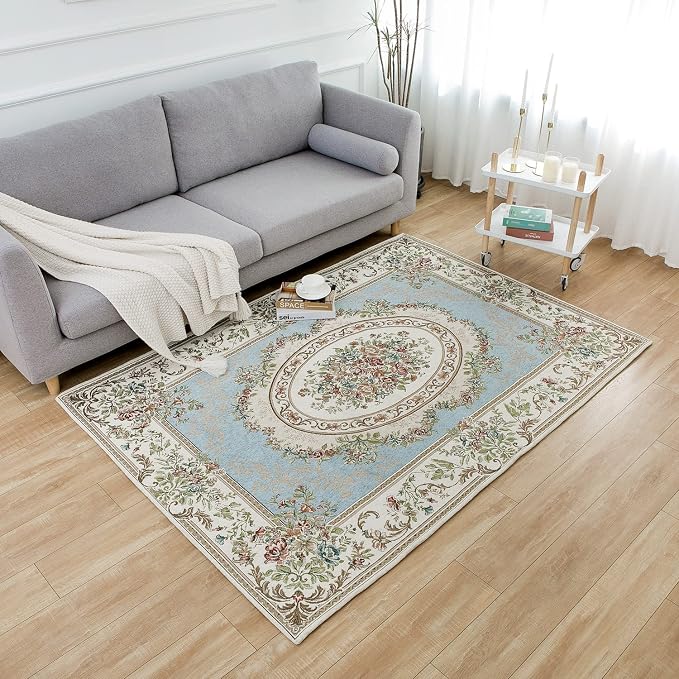 Rustic Floral Cotton Area Rugs Rural Rose Design Living Room Carpet Non-Shedding Living Room Bedroom Accent Rug, 5′3″ × 7′6″, Country Blue by Ukeler