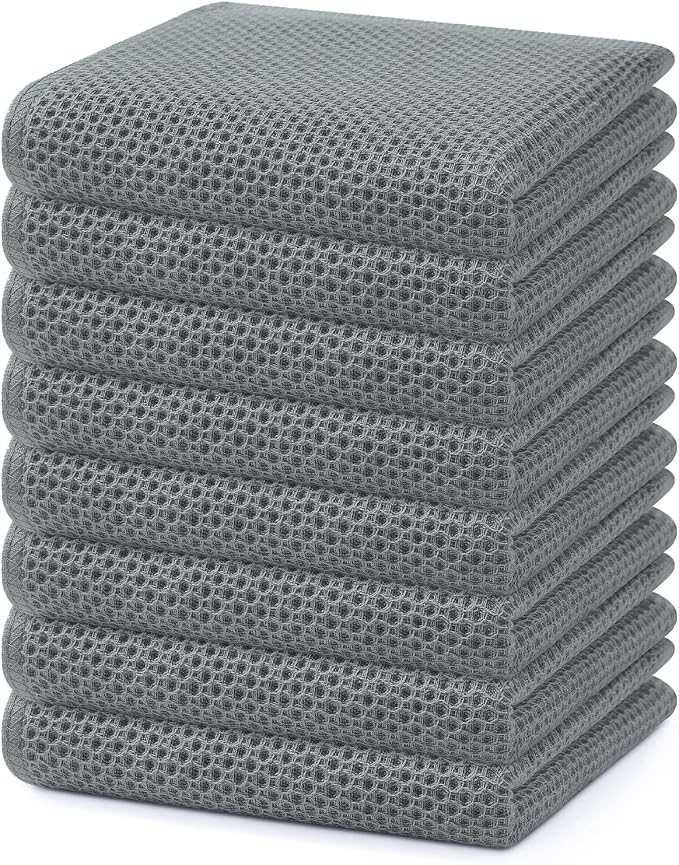 Homaxy 100% Cotton Waffle Weave Kitchen Dish Towels 8-Pack, Grey | 13 x 28 Inches, Ultra Soft Absorbent Dish Towels, Quick Drying Cleaning Towels by Homaxy