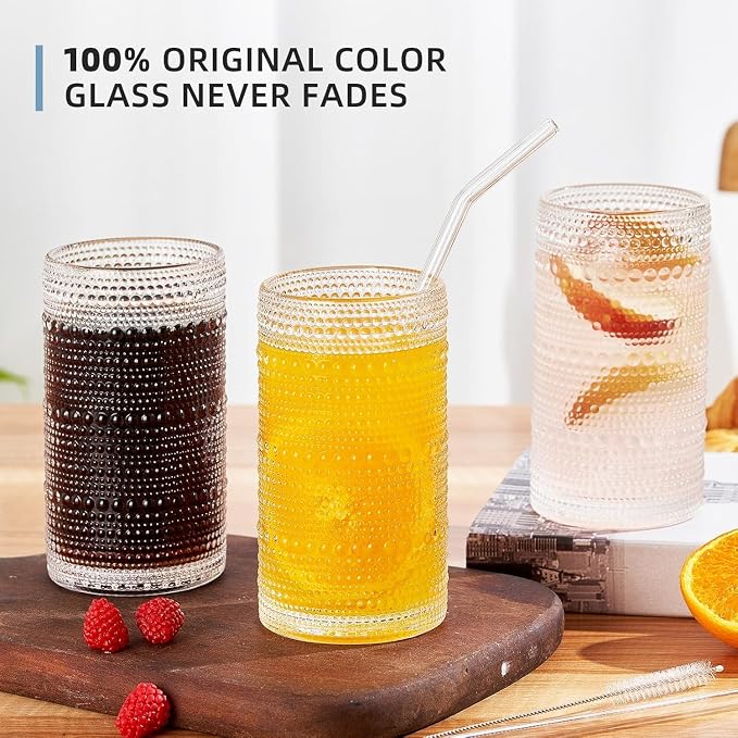 16oz Hobnail Drinking Glasses Set of 6, Vintage Large Capacity Embossed Clear Tumblers, Highball Glasses for Water, Cocktail, Beer, Whiskey, Juice & Bar Use - Image 5