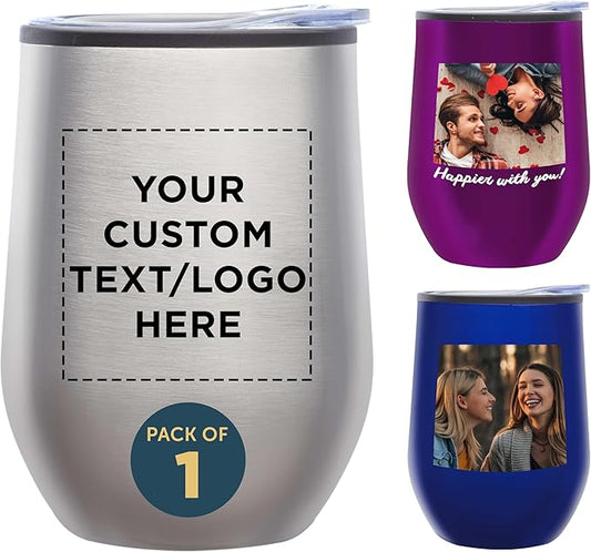 DISCOUNT PROMOS Custom Stemless Wine Tumblers 12 oz. Set of 1, Personalized Bulk Pack - Insulated, Perfect for Wine, Cocktails, Other Hot & Cold Beverages - Silver