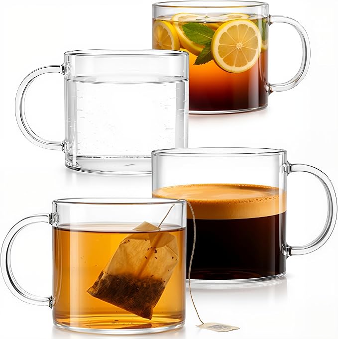 Aquach 12oz Glass Mugs Set of 4, Clear Borosilicate Cups with Handle | Dishwasher/Microwave Safe, 3.5mm Thick, Single-walled, Smooth Rim, Stable Flat Base, Fits Hot/Cold Brews by Aquach