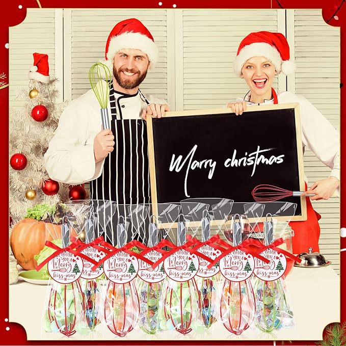 72 Sets 8 Inch Christmas Whisks Gifts DIY Fillable Christmas Tree Ornaments Xmas Colored Silicone Whisks for Cooking Heat Resistant Egg Beaters with Card Rope Bag for Candy Holder