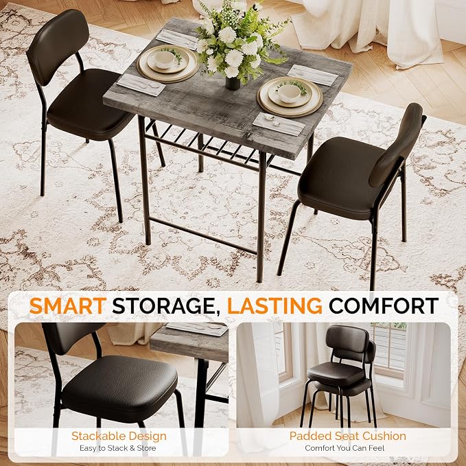 VINGLI Dining Table Set for 2, Small Kitchen Table Set with Upholstered Chairs, 3-Piece Dining Set with Storage Rack, Wood Dining Room Set with Metal Legs for Small Spaces, Living Room, Grey - Image 5