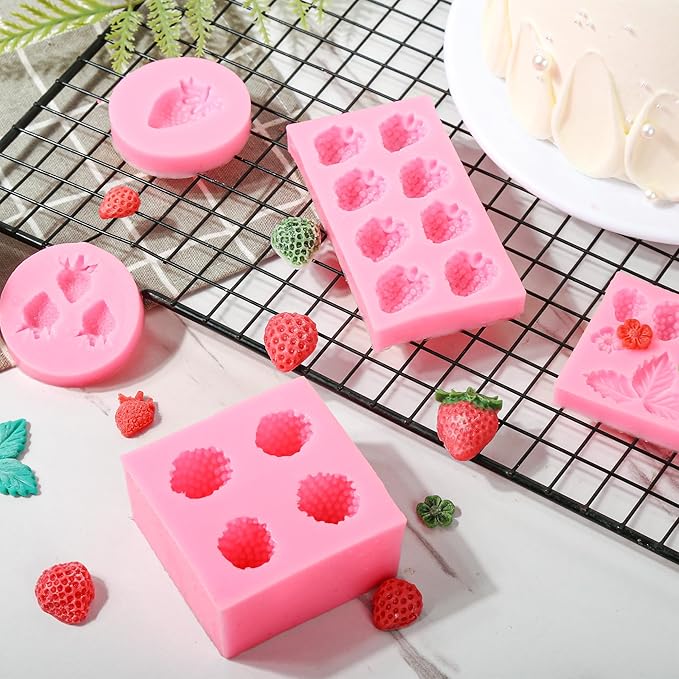 5Pcs Strawberry Baking Mold Silicone 3D Strawberry Chocolate Mold, Candy Jelly Flower Fondant Molds Ice Cream DIY Paper Cup Cake Biscuit Dessert Making