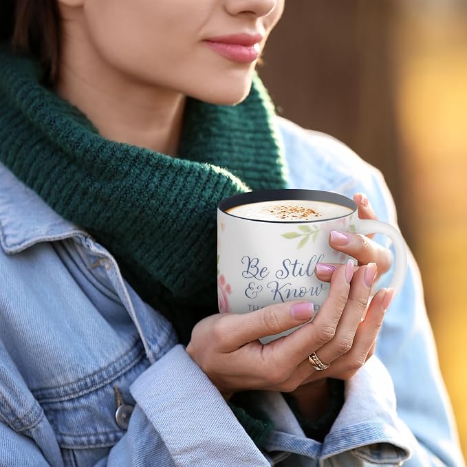 Christian Art Gifts Inspiring Ceramic Coffee Mug for Women: Psalm 46:10 Bible Verse, Dishwasher & Microwave Safe Novelty Cup, Encouraging Gift for Women, White & Navy Blue Multicolor Floral, 14 oz. - Image 4