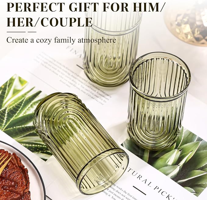 Green Vintage Drinking Glasses Set of 6-17oz Hand-Blown Highball Ribbed Glassware, Arch Design Cocktail Glasses for Whiskey Water Beverages Ice Coffee Juice Milk - Image 6