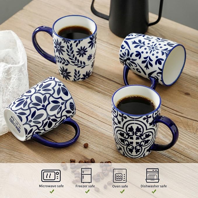 HASENSE 15OZ Coffee Mugs, Ceramic Coffee Mugs Set of 4 with Handle, Coffee Cups Ceramic with Blue and White Floral Patterns, Porcelain Mug Set for Coffee, Tea,Suitable for Home, Office, Vintage Blue - Image 4