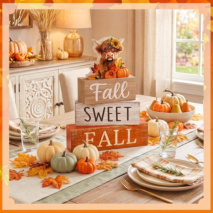 Moucuny 4 Pcs Fall Decoration for Highland Cow Home Fall Table Decor Wooden Stacked Block Decor with Sunflower Cow & Pumpkin Topper Rustic Thanksgiving Tiered Tray Decoration for Harvest Home Kitchen - Image 3
