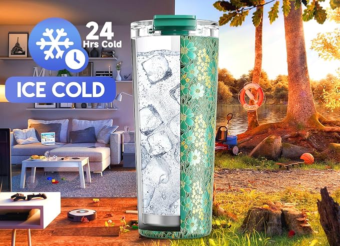 Meoky 24 oz Insulated Travel Coffee Mug: Leak Proof Lid, Emerald Bloom | Stainless Steel Coffee Tumbler, Keeps Hot for 8 Hours or Cold for 24 Hours, Fits in Car Cup Holder, BPA Free - Image 4