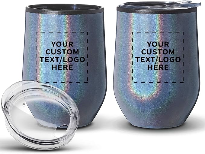 Custom Palmera Stemless Wine Tumblers with Lids 12 oz. Set of 12, Personalized Bulk Pack - Perfect for Wine, Cocktails, Other Hot & Cold Beverages - Iridescent Blue