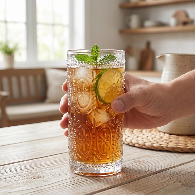 Bekith 6 Pack Romantic Drinking Glasses, 12 oz Highball Glasses, Thick Water Glasses, Tall Glass Cups for Beverages, Beer, Cocktail, Vintage Glassware Set for Dinner Parties, Bars, Restaurants - Image 8