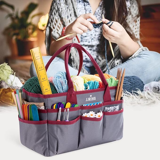 JJRING Craft and Art Tote - 600D Grey Nylon Fabric Art Sewing Organizer Bag with Pockets - for Craft, Scrapbooking, Medical, and Office Supplies Storage