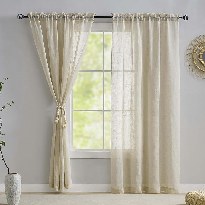 Home Brilliant Natural Linen Curtains for Living Room Rustic Semi Sheer Window Curtain Panels for Bedroom, 54 x 96 inch Long, Beige, Set of 2 - Image 2