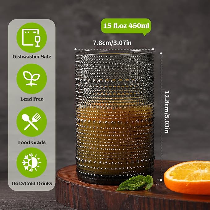 Moretoes 12 Pack 15 Oz Gray Large Hobnail Drinking Glasses Set | Vintage Glassware,Embossed Glass Cups,Water Tumbler,Highball Glasses For Beer, Juice And Various Mixed Drinks - Image 3