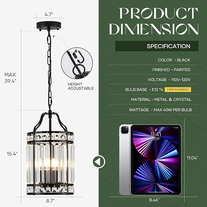 Modern Black Pendant Island Light Fixtures for Kitchen, Luxury Elegant Crystal Small 4-Light Chandeliers for Dining Room, Industrial Cage Hanging Ceiling Lighting for Bedroom Foyer Hallway - Image 2