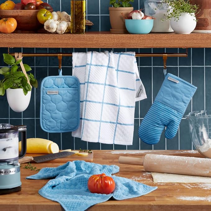 KitchenAid Quilted Cotton Terry Cloth Oven Mitt, Pot Holder, Kitchen Towel 4-Pack Set, Heat Resistant, Silicone Grip, Gift Set, Blue Velvet, 16"x26", 7"x13" & 7"x10" - Image 2