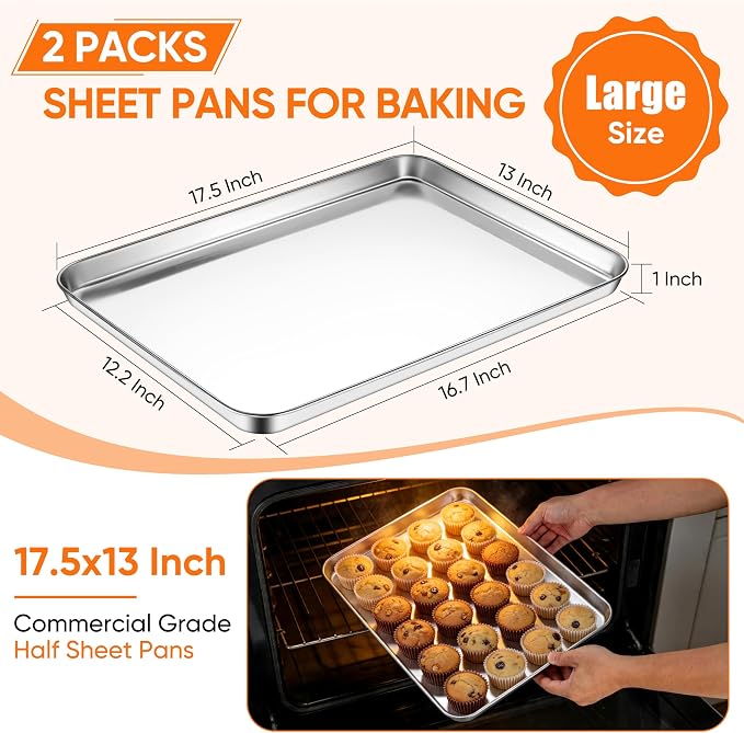 LIANYU Stainless Steel Cookie Sheet Pans, 17.5x13 Inch Baking Sheet 2 Pack | Commercial Grade Half Sheet Pan, Professional Bakeware Cookie Tray, Mirror Finish, Non Toxic, Easy Clean, Dishwasher Safe - Image 2