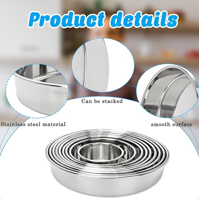 9 Pcs Cake Pans Stainless Steel 4 Inch 6 Inch 7 Inch 8 Inch 9 Inch 9½ Inch 10 Inch 11 Inch 12 Inch Round Baking Layer Pan Tins for for Tier Smash Cakes Birthday Dishwasher Safe - Image 3