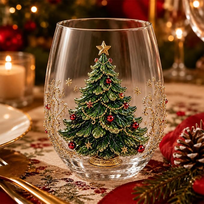 Christmas Wine Glasses, 12oz Stemless Holiday Glassware with Festive Style (Christmas Tree (B)) by Lifmagic