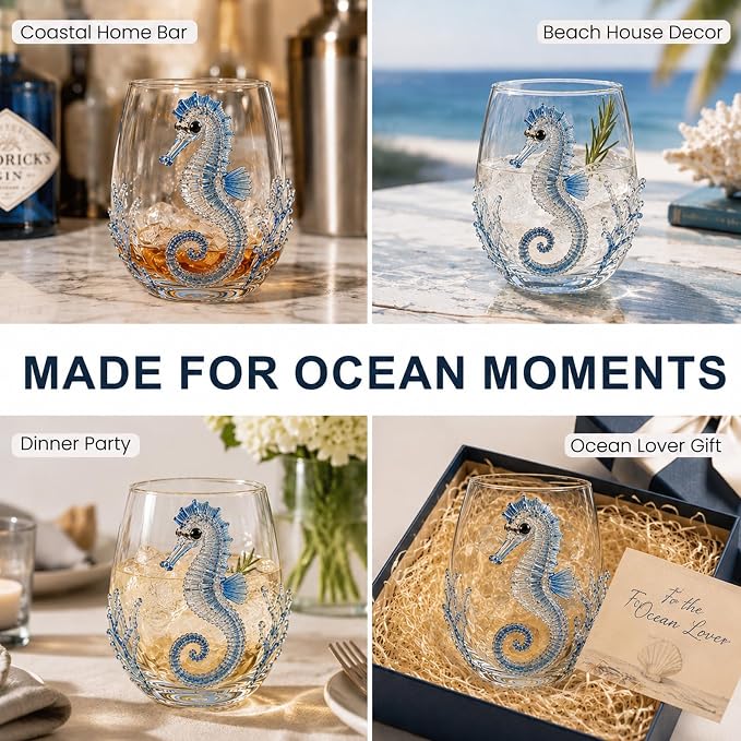Coastal Stemless Wine Glasses Set of 4, 12oz 3D Ocean Animal Artisan Glassware Collection with Unique Sea Life Designs (G - Set of 1) - Image 4