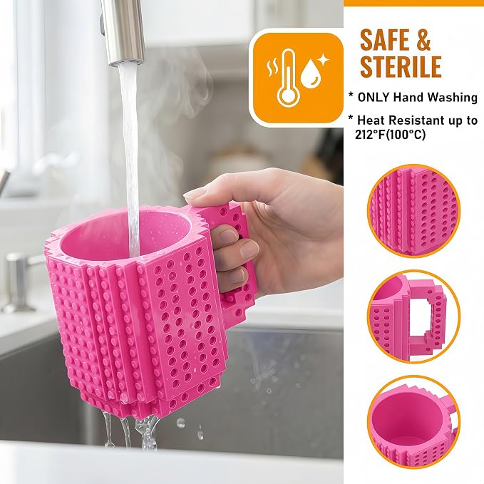 Lumsburry Build-on Brick Coffee Mug, Funny DIY Unique Novelty Drinking Cup | Building Blocks Creative Mug, for Men Women Kids Dad Mom, Present Exchange Ideas, Xmas Birthday White Elephant(Rose) - Image 3