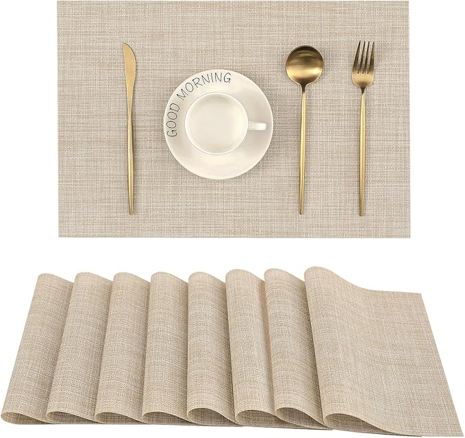 Leetaltree Beige Placemats Set of 8 - Heat Resistant Non-Slip Place mats for Dining Table, Washable Durable PVC Vinyl Woven Table Mats（Beige, 8） by Leetaltree-ArtatEveryTable