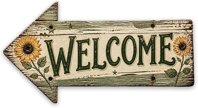 Welcome Left-Pointing Arrow Sign — Die-Cut Metal Directional Wall Decor | barnwood look, rustic, front entry, guest greeting, curb appeal, durable print, ready to hang by MRC+Wood+Products